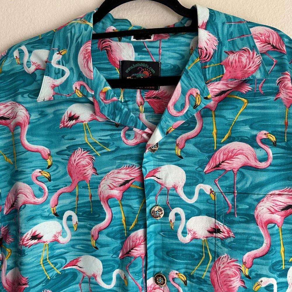 Paradise on a Hanger Flamingo Shirt Mens Large Teal Pink Cotton Hawaiian Aloha